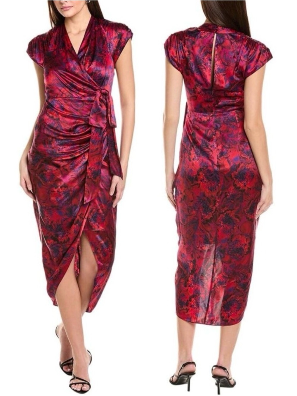 cinq a sept Red Floral Wrap-Style Midi Dress